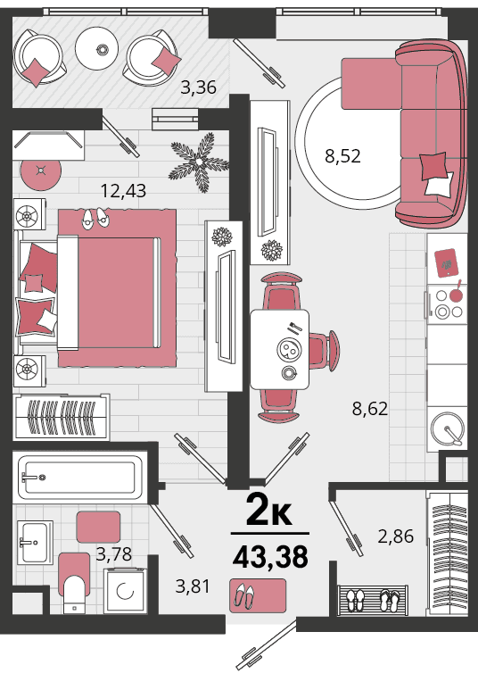 2-к, 43.38 м² · Родные просторы