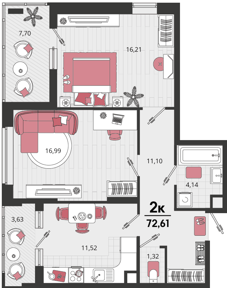 2-к, 72.61 м² · Родные просторы