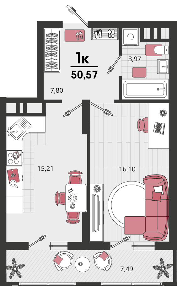 1-к, 50.57 м² · Родные просторы