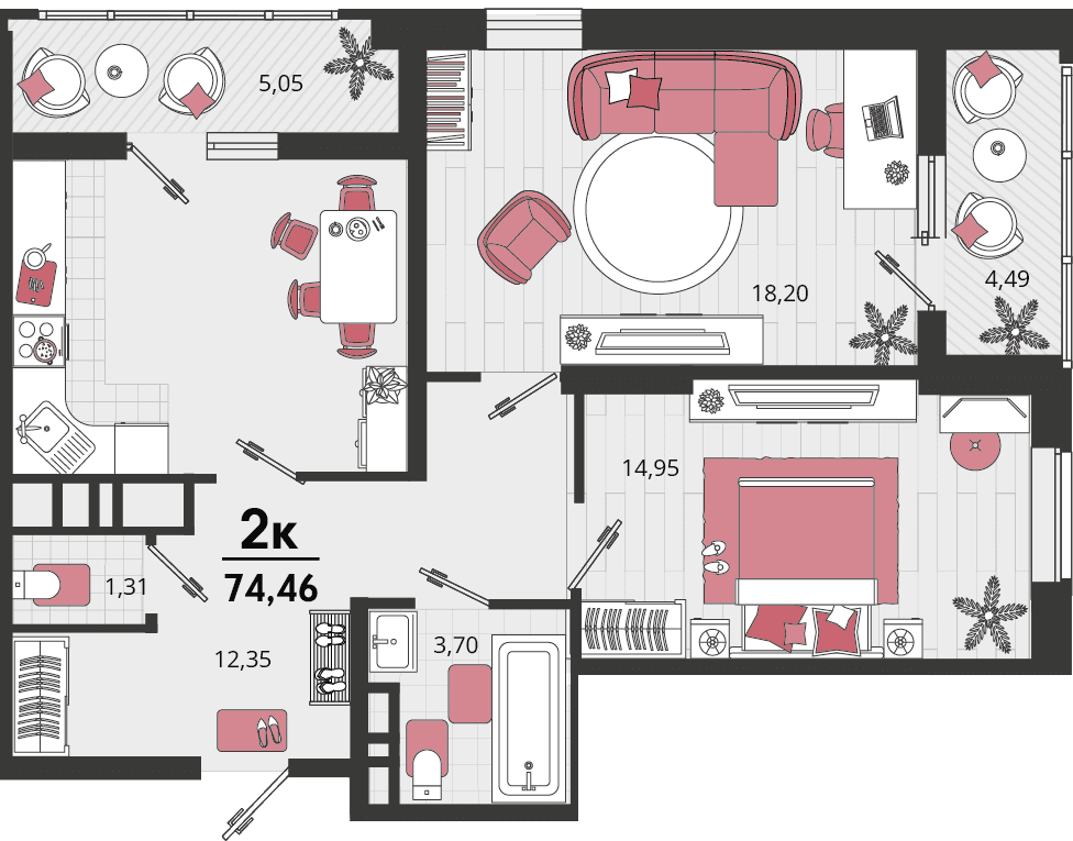 2-к, 74.46 м² · Родные просторы
