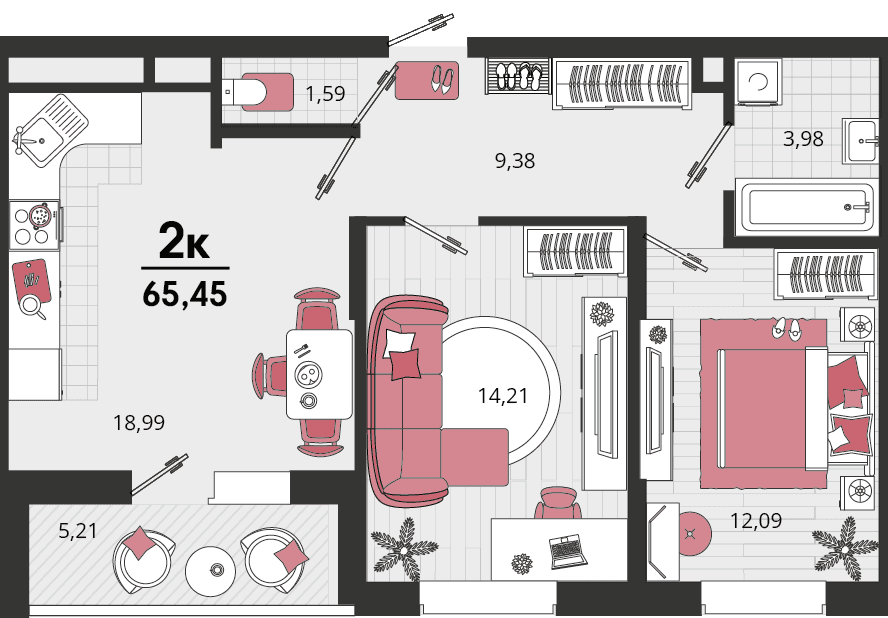 2-к, 65.45 м² · Родные просторы