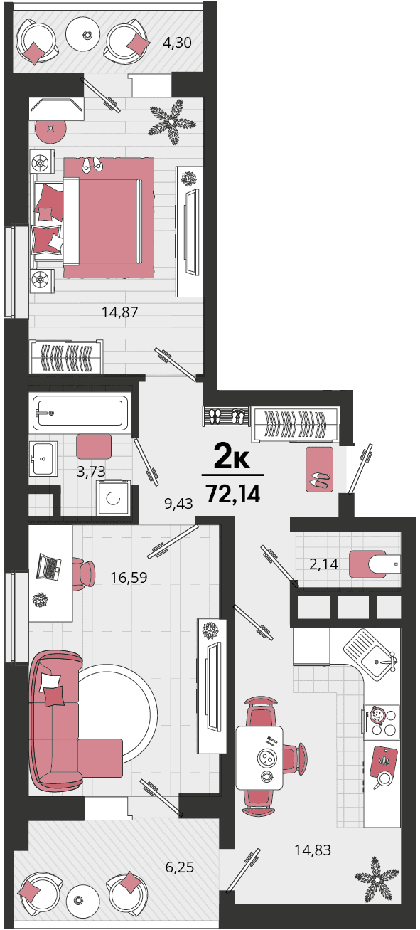 2-к, 72.14 м² · Родные просторы