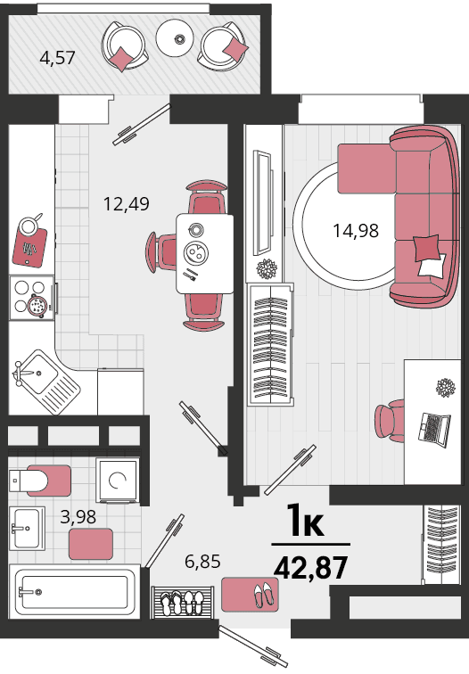 1-к, 42.87 м² · Родные просторы