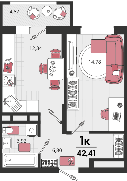 1-к, 42.41 м² · Родные просторы