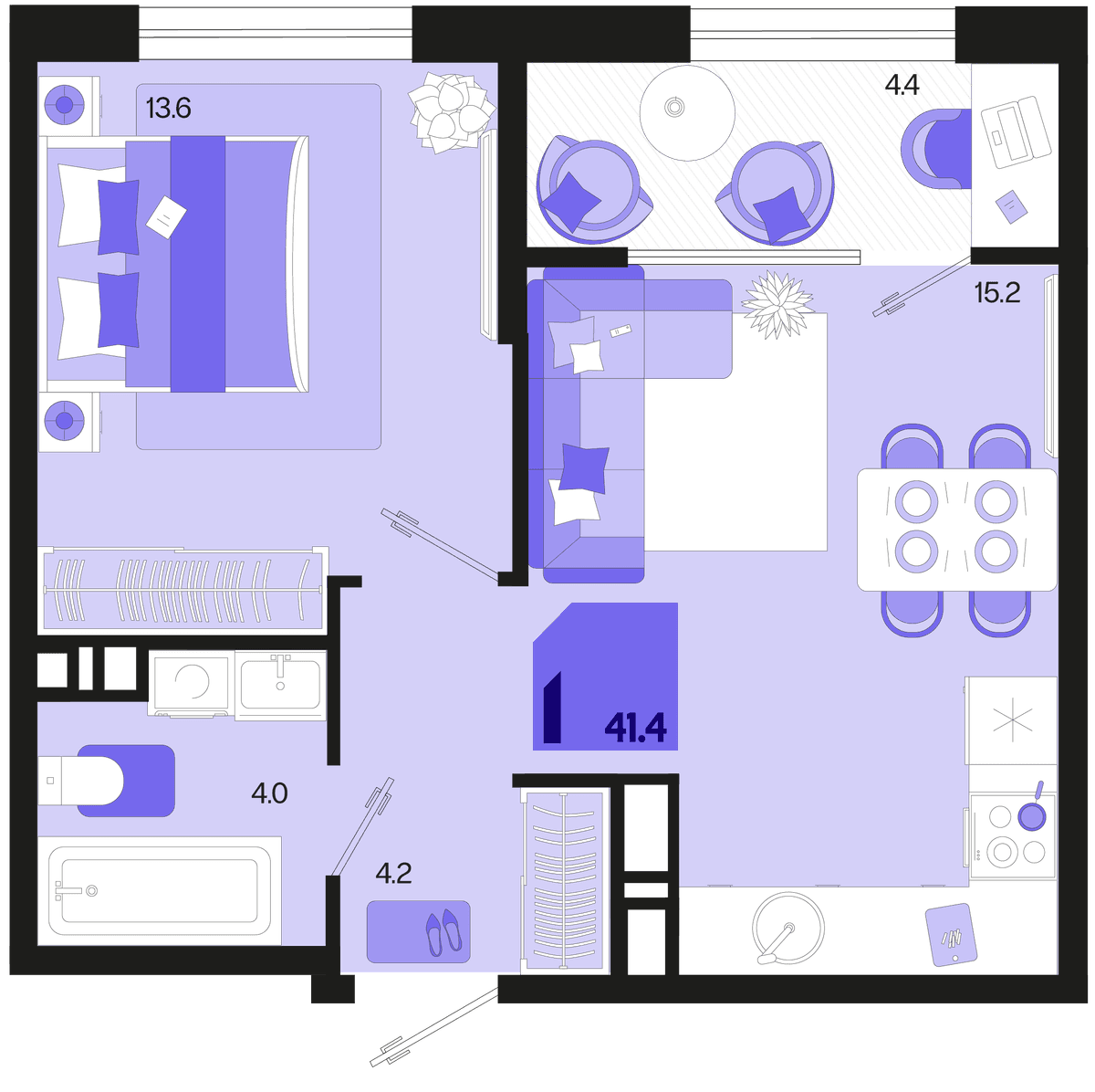 1-к, 41.4 м² · Первое место