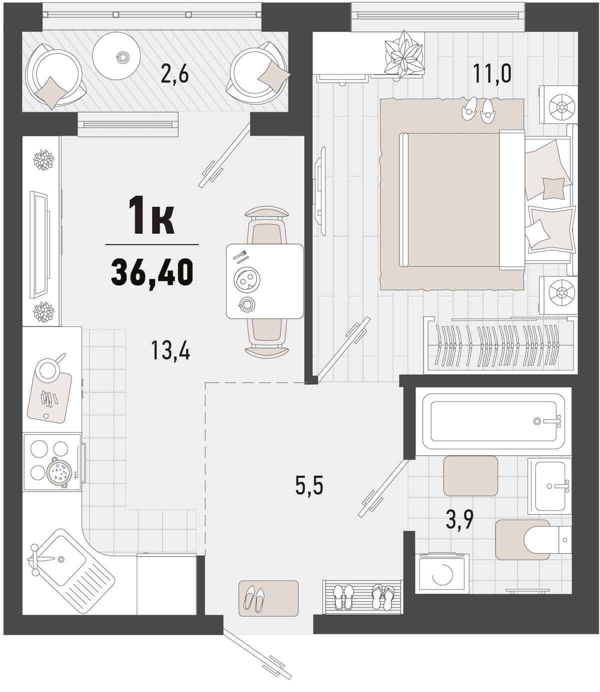 1-к, 36.4 м² · Барса