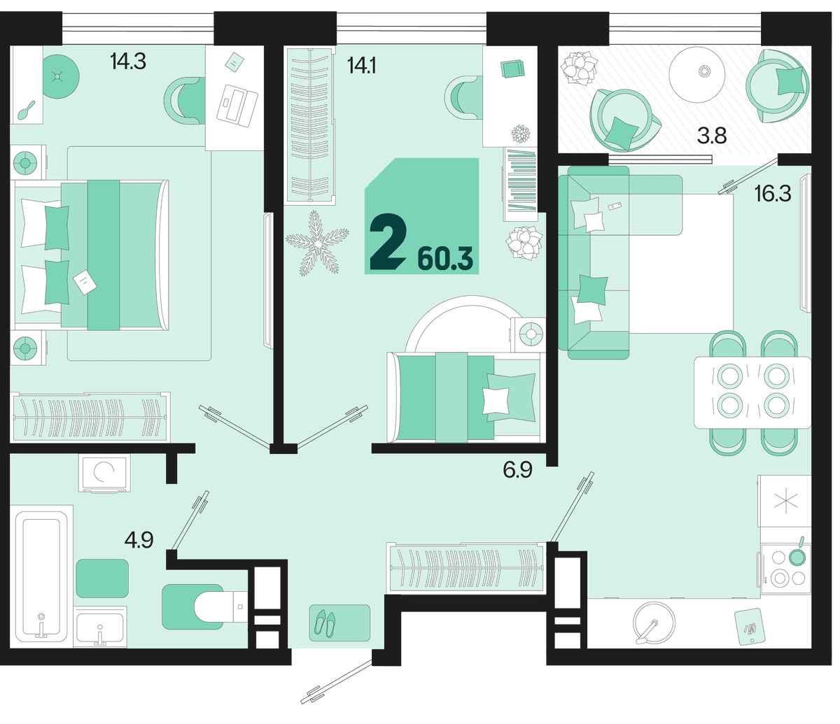 2-к, 60.3 м² · Первое место