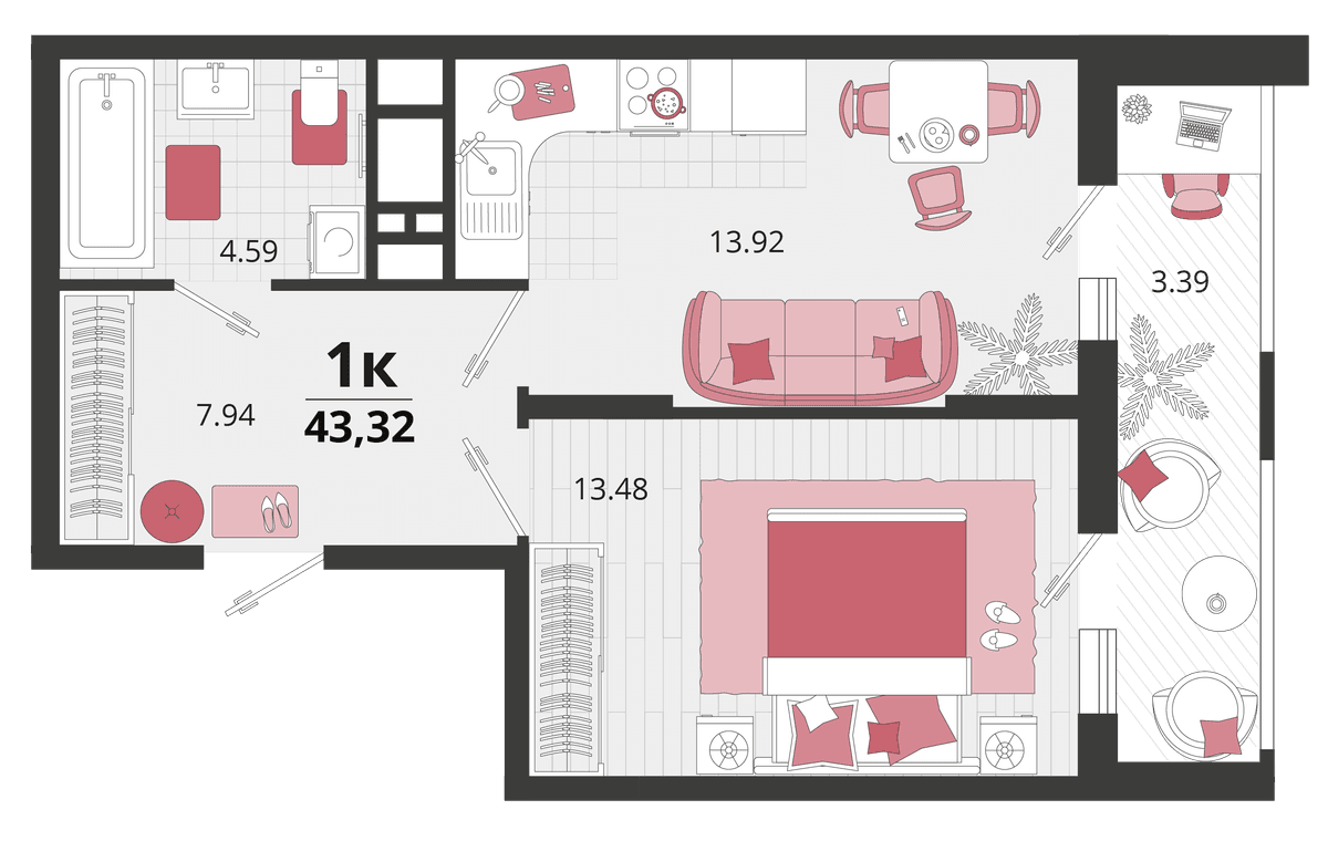 1-к, 42.6 м² · Родные просторы