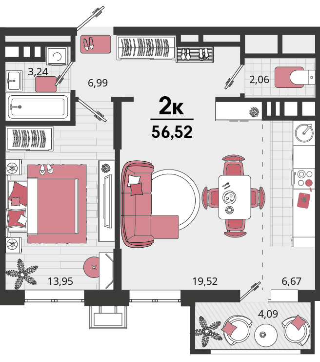 2-к, 56.52 м² · Родные просторы