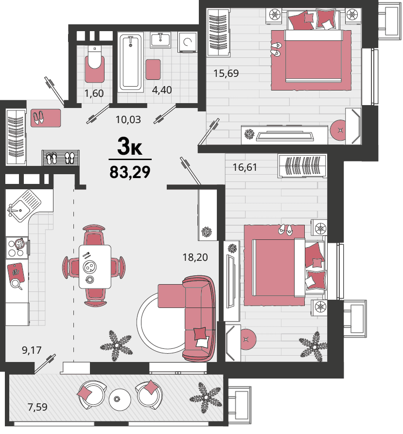 3-к, 83.29 м² · Родные просторы
