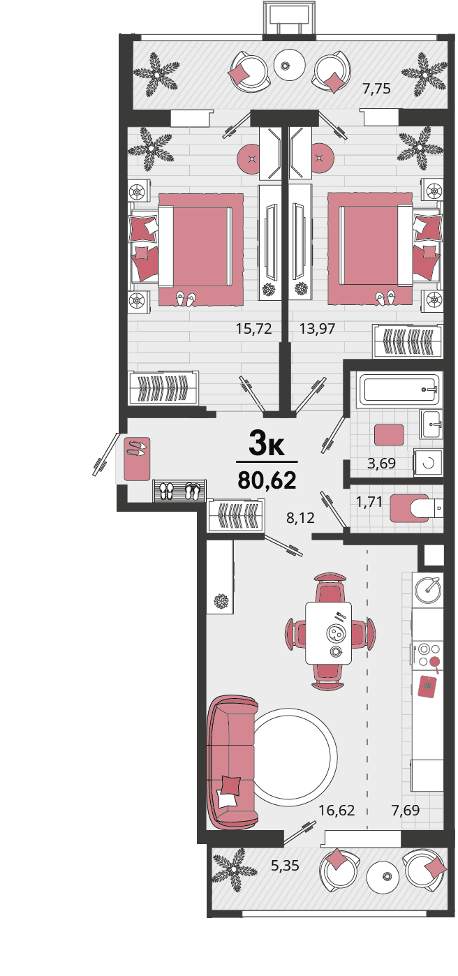 3-к, 80.62 м² · Родные просторы