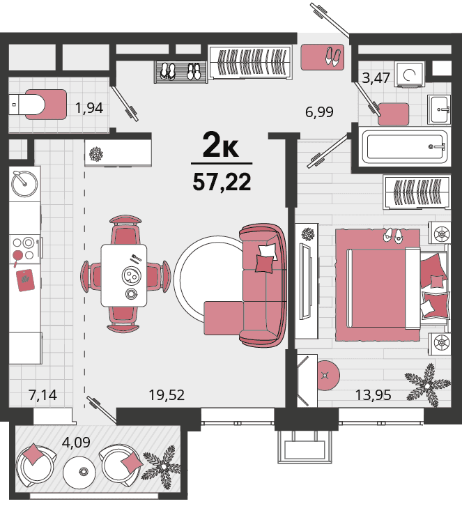 2-к, 57.22 м² · Родные просторы