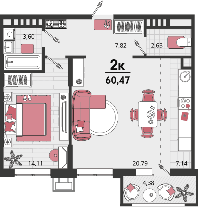 2-к, 60.47 м² · Родные просторы