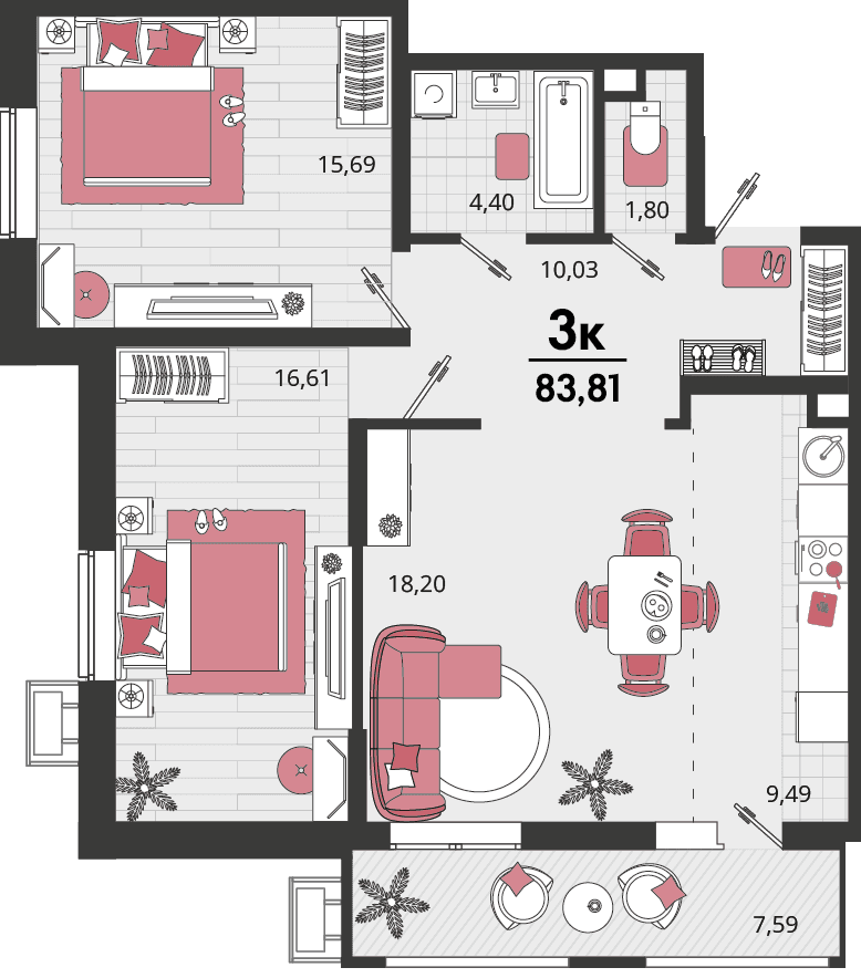 3-к, 83.81 м² · Родные просторы