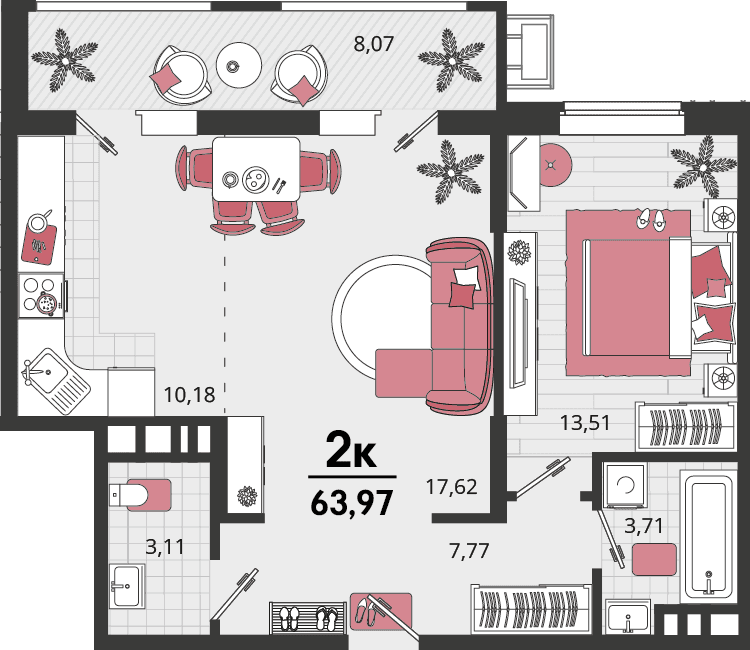 2-к, 63.97 м² · Родные просторы