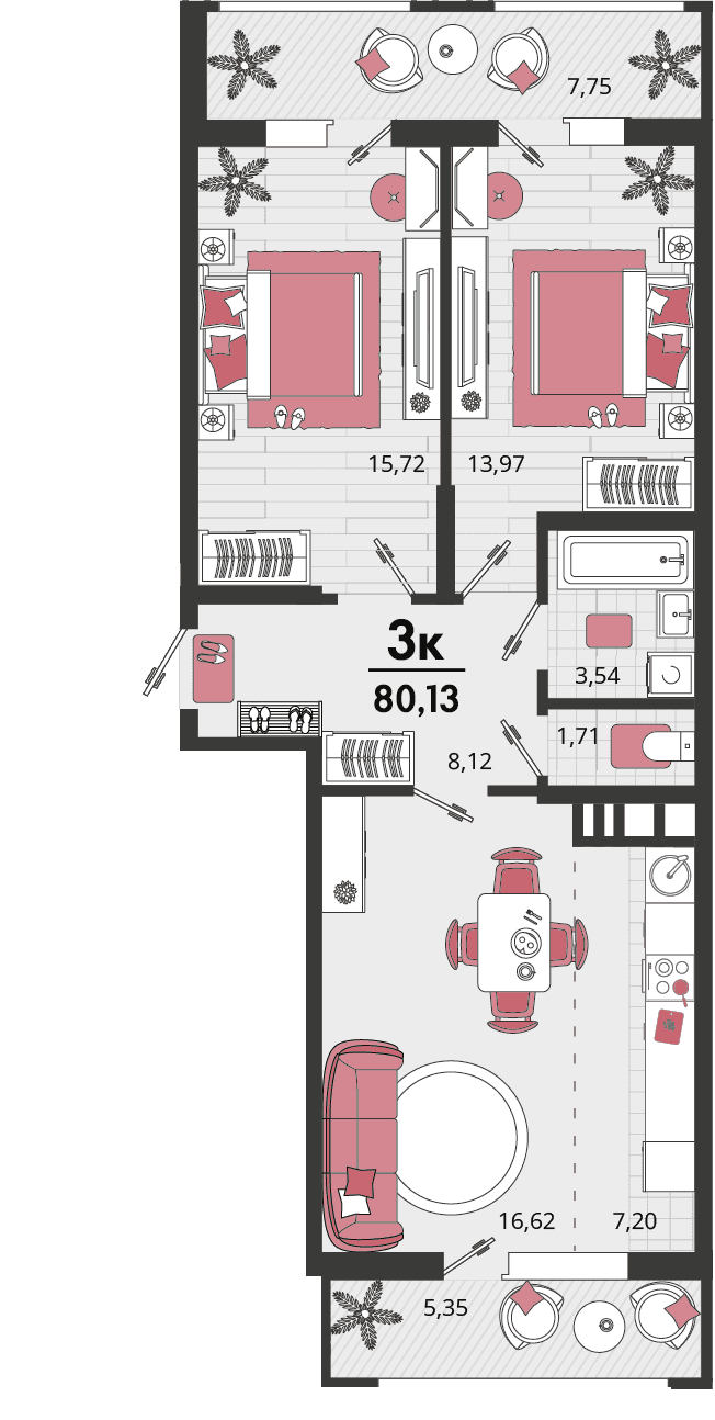 3-к, 80.13 м² · Родные просторы
