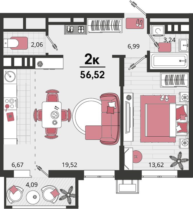 2-к, 56.52 м² · Родные просторы
