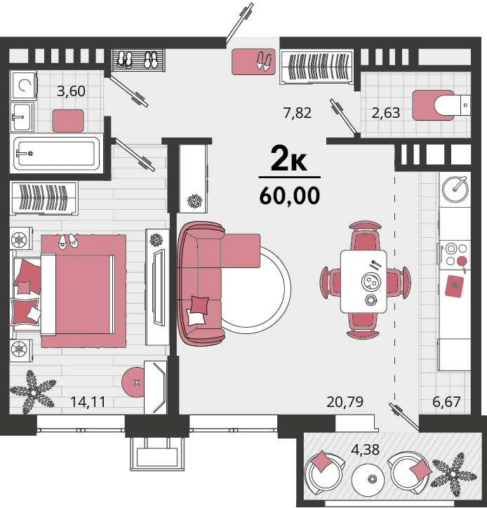 2-к, 60 м² · Родные просторы
