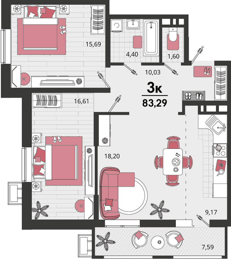 3-к, 83.29 м² · Родные просторы