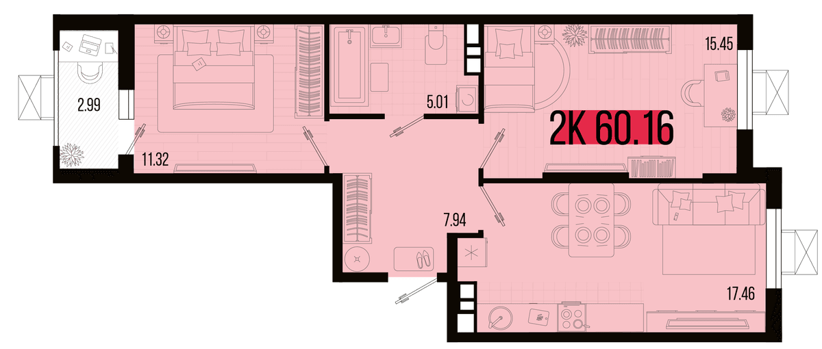 2-к, 59.6 м² · Цветной бульвар