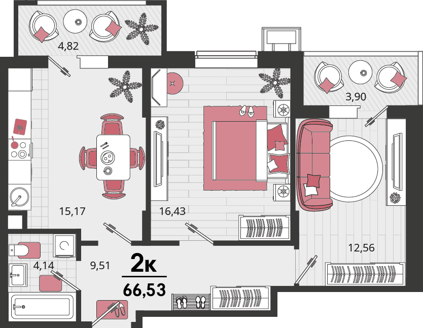 2-к, 66.53 м² · Родные просторы