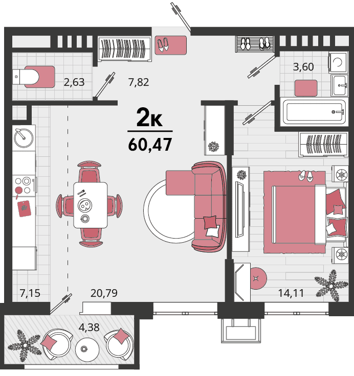 2-к, 60.47 м² · Родные просторы