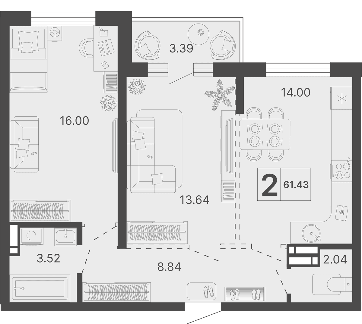 2-к, 61.43 м² · Светский лес