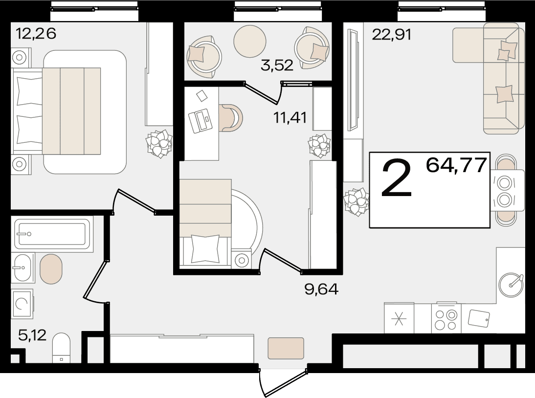 2-к, 64.77 м² · Патрики