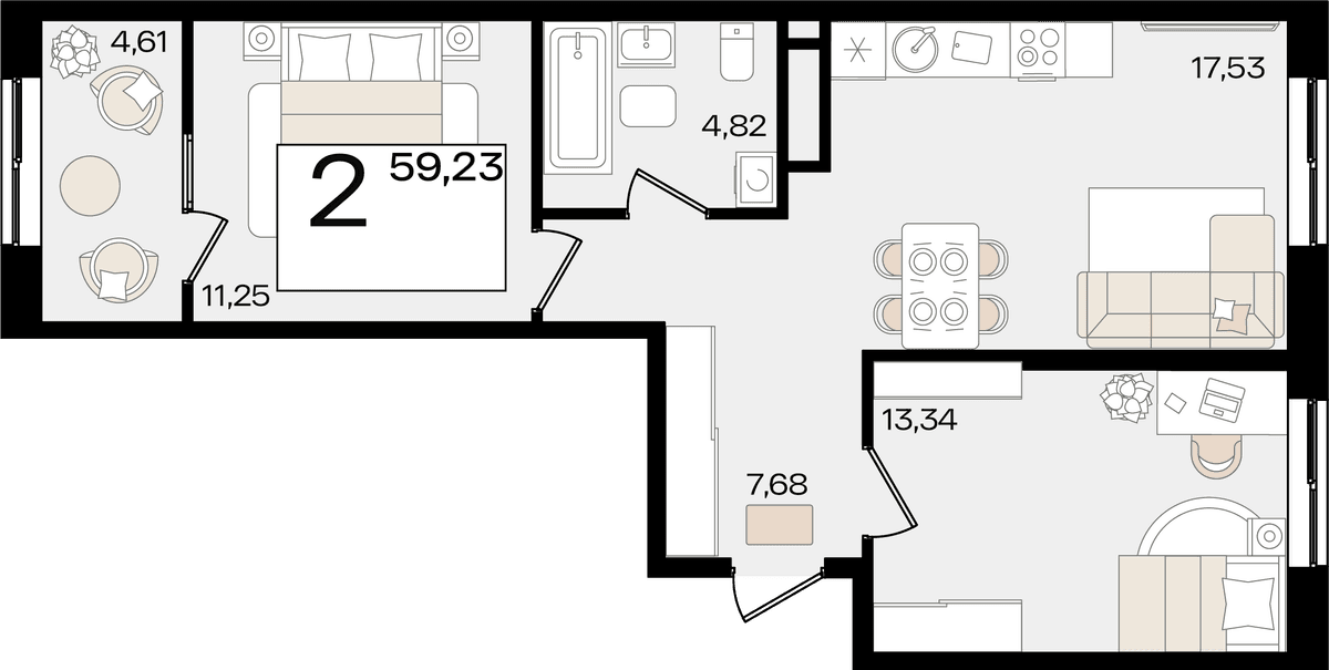 2-к, 59.23 м² · Патрики