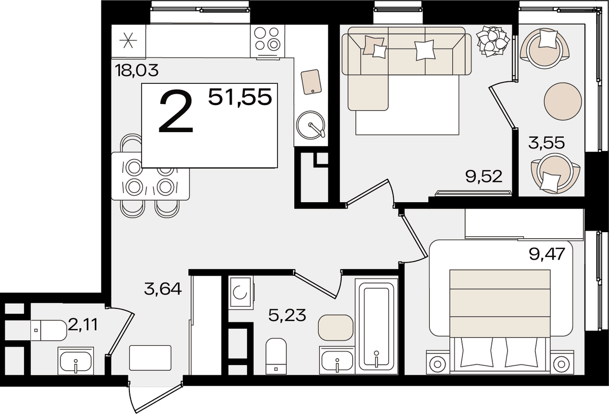 2-к, 51.55 м² · Патрики
