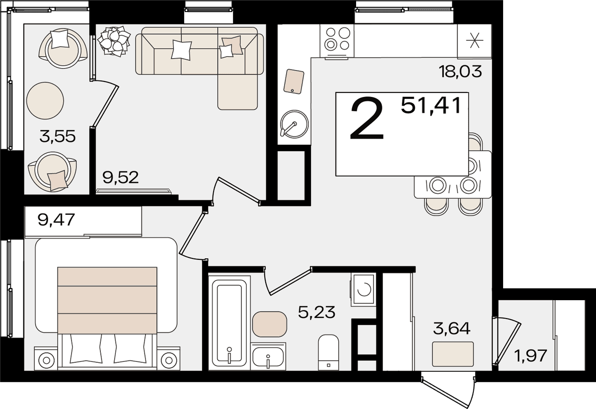 2-к, 51.41 м² · Патрики