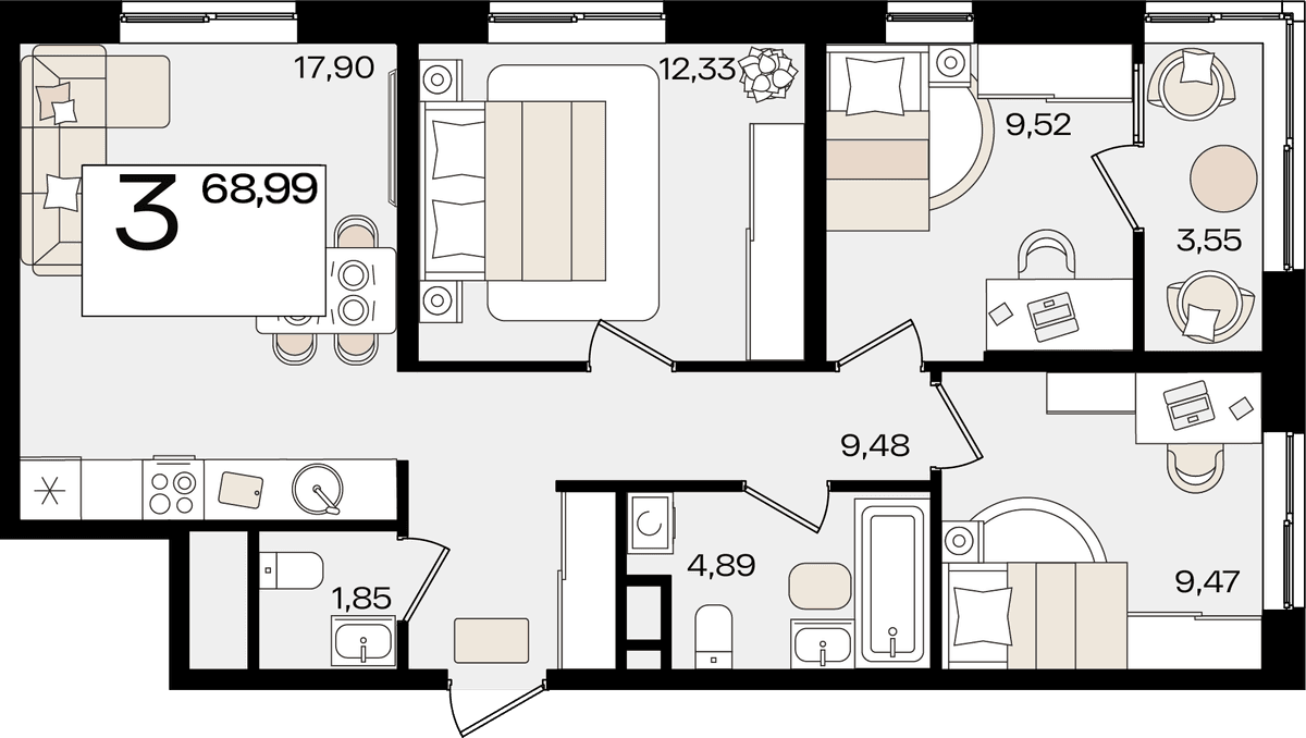 3-к, 68.99 м² · Патрики