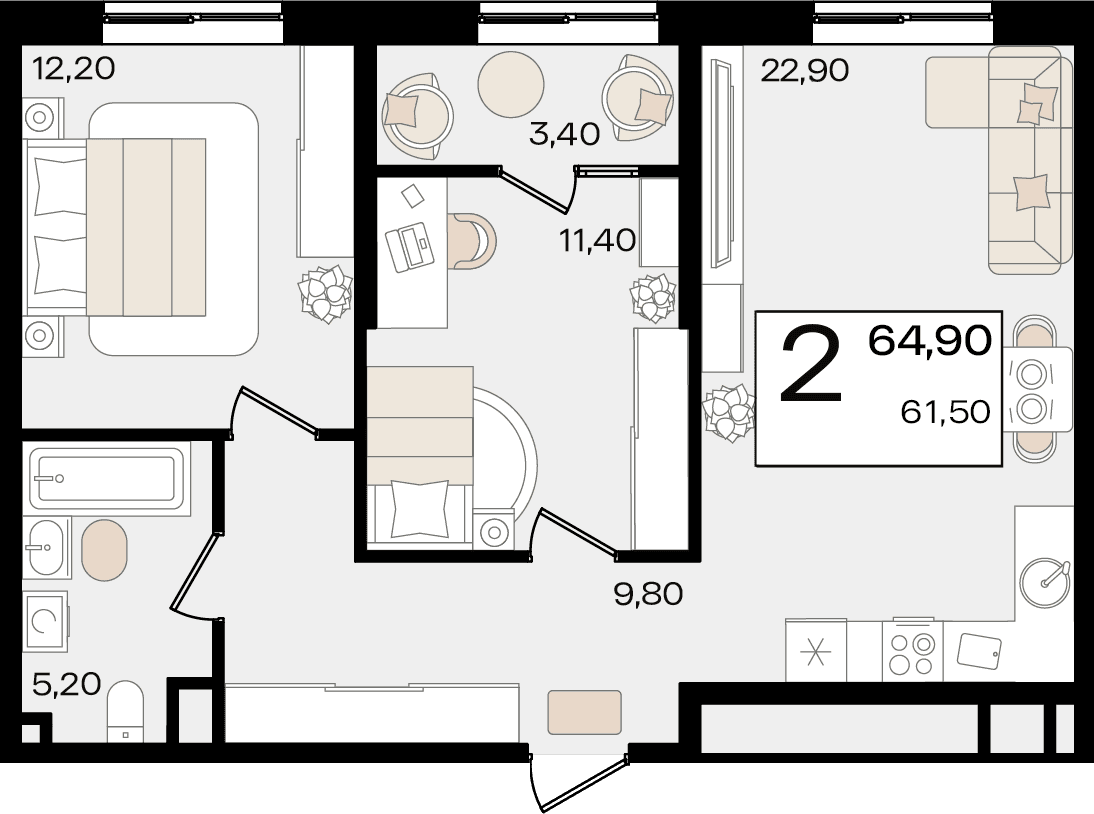 2-к, 64.9 м² · Патрики