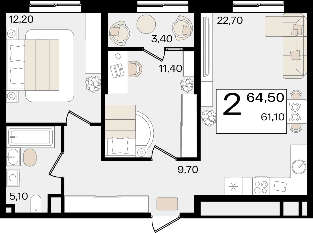 2-к, 64.5 м² · Патрики