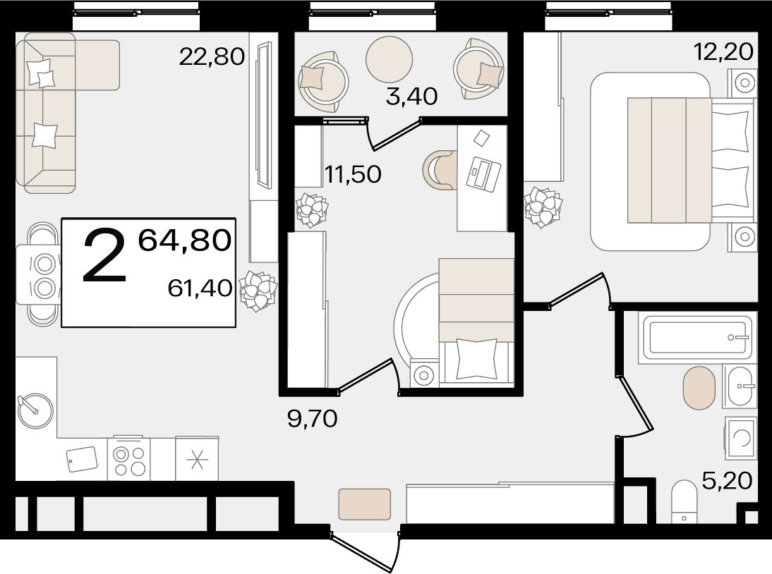 2-к, 64.8 м² · Патрики