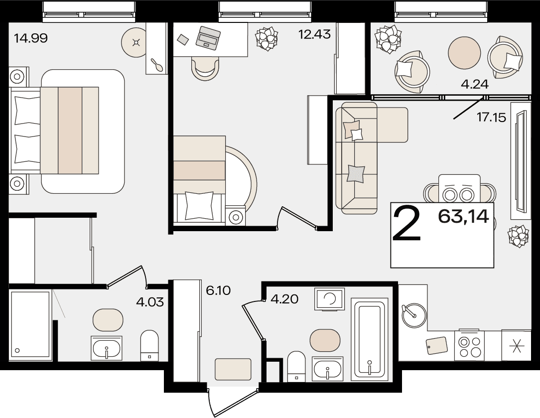 2-к, 63.14 м² · Патрики