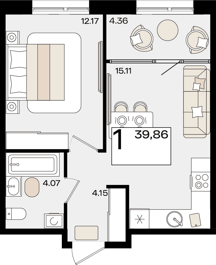 1-к, 39.86 м² · Патрики