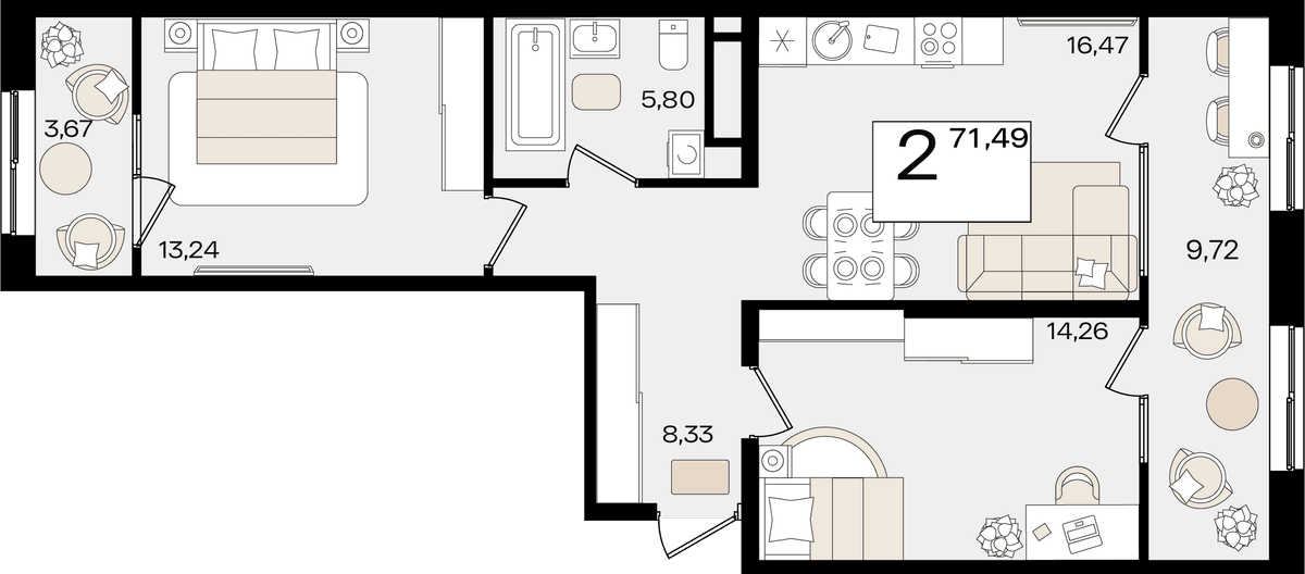 2-к, 71.49 м² · Патрики
