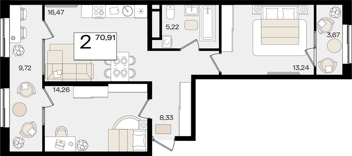 2-к, 70.91 м² · Патрики