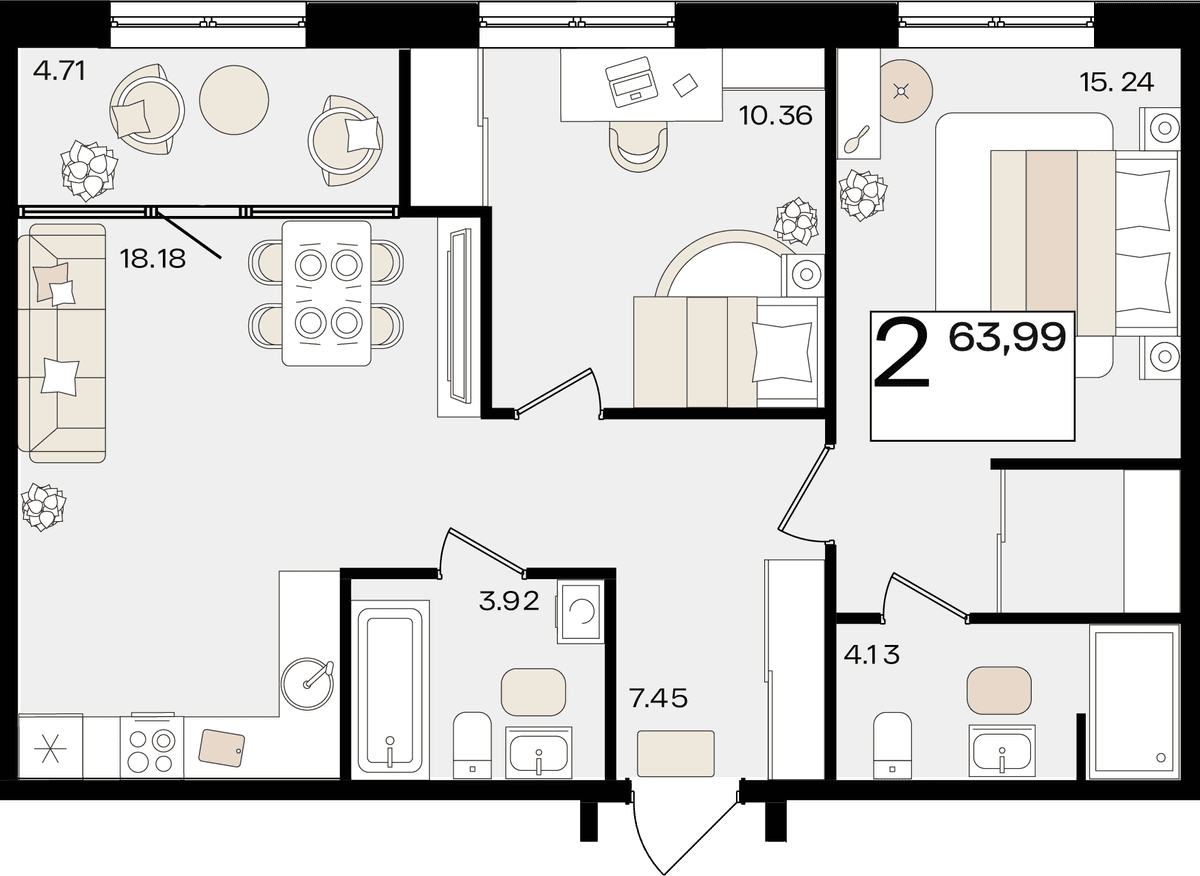 2-к, 63.99 м² · Патрики