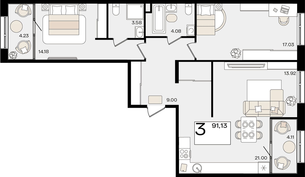 3-к, 91.13 м² · Патрики