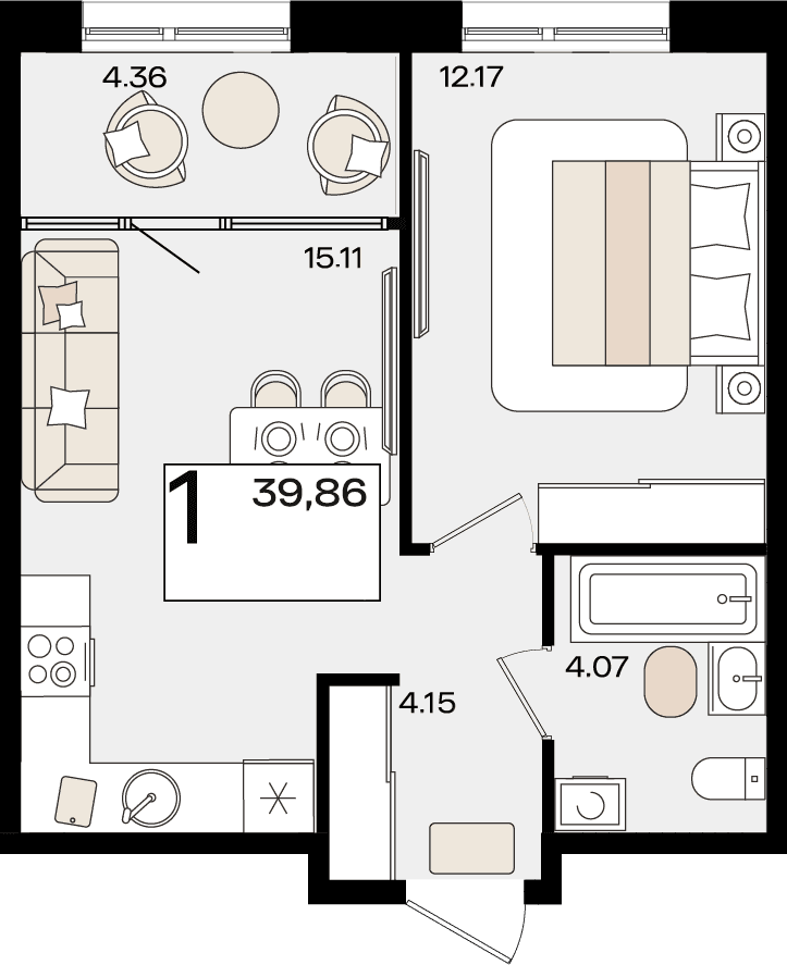 1-к, 39.86 м² · Патрики