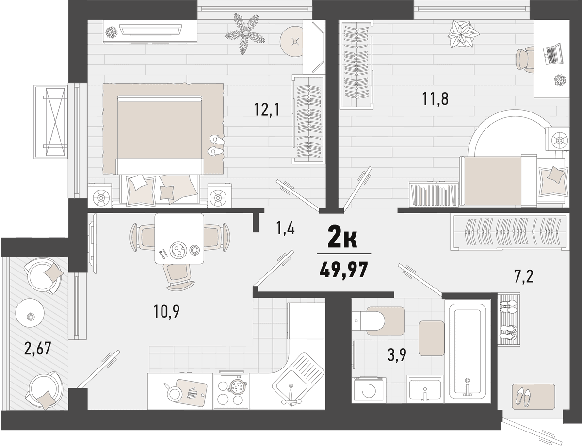 2-к, 49.97 м² · Барса