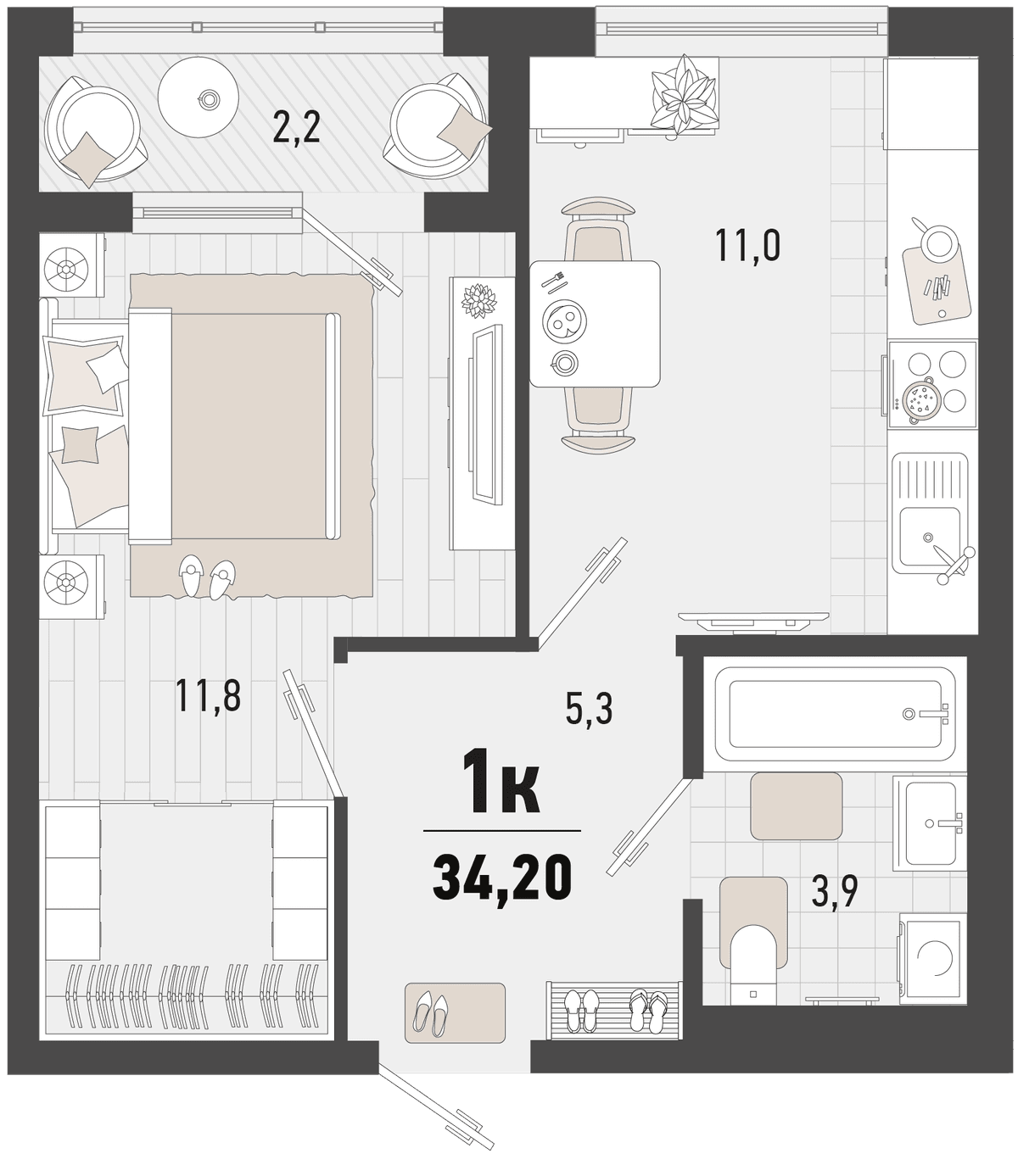 1-к, 34.2 м² · Барса