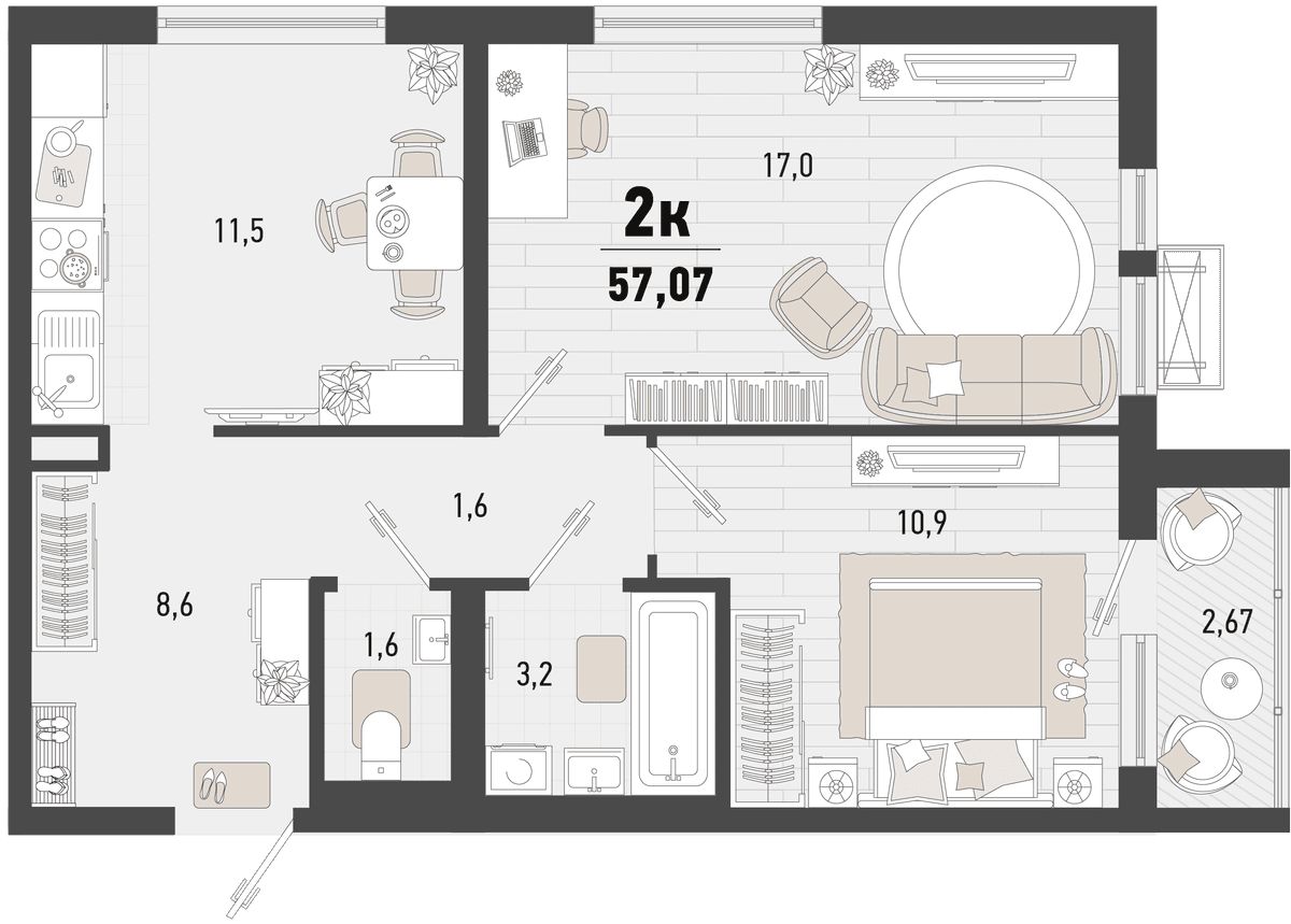 2-к, 57.07 м² · Барса