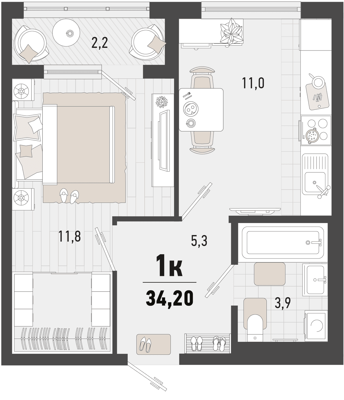 1-к, 34.2 м² · Барса