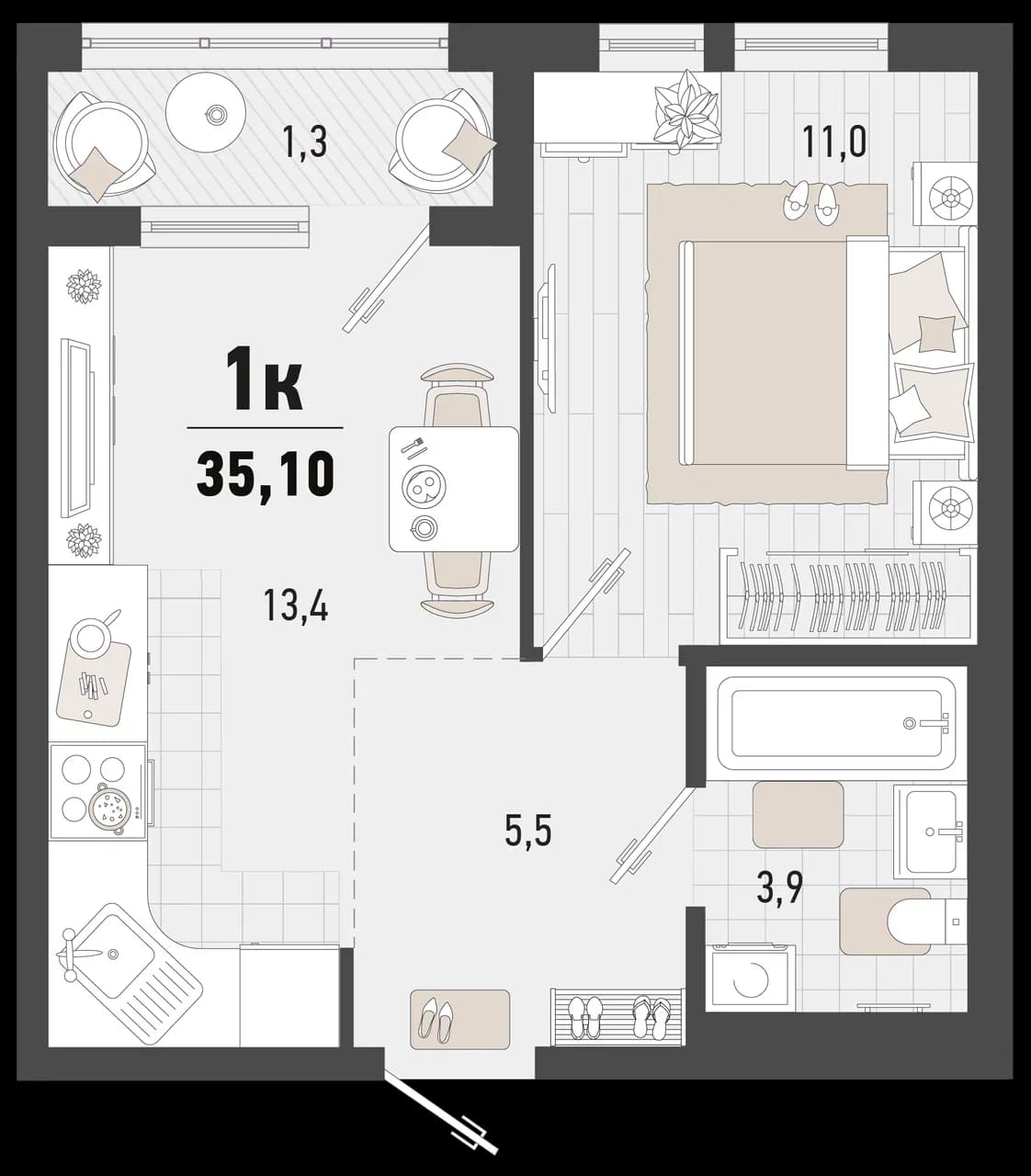 1-к, 36.4 м² · Барса