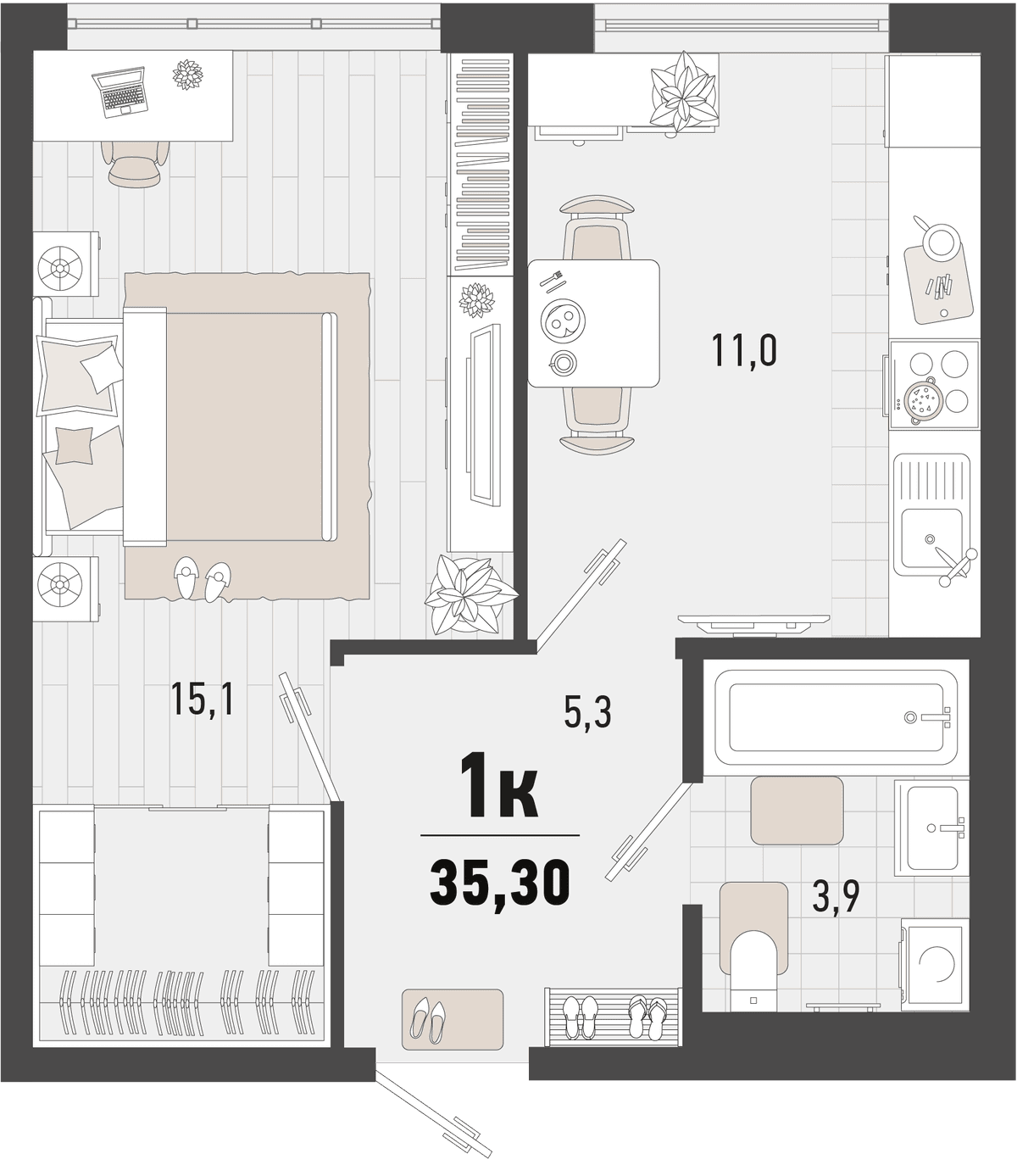 1-к, 35.3 м² · Барса