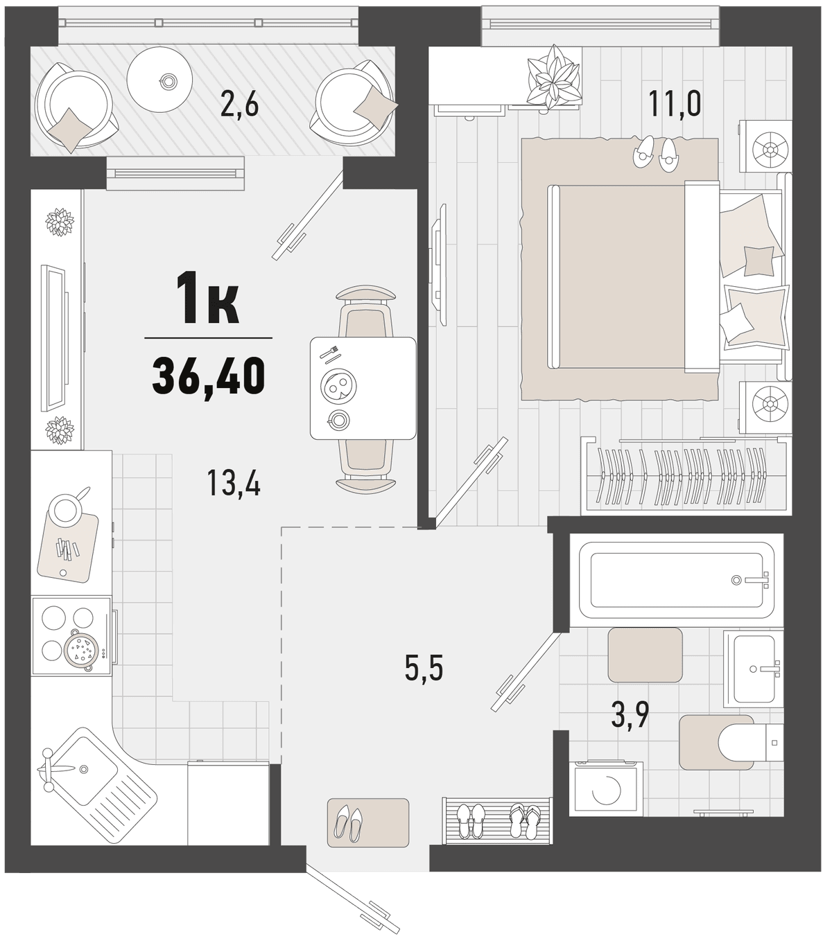 1-к, 36.4 м² · Барса