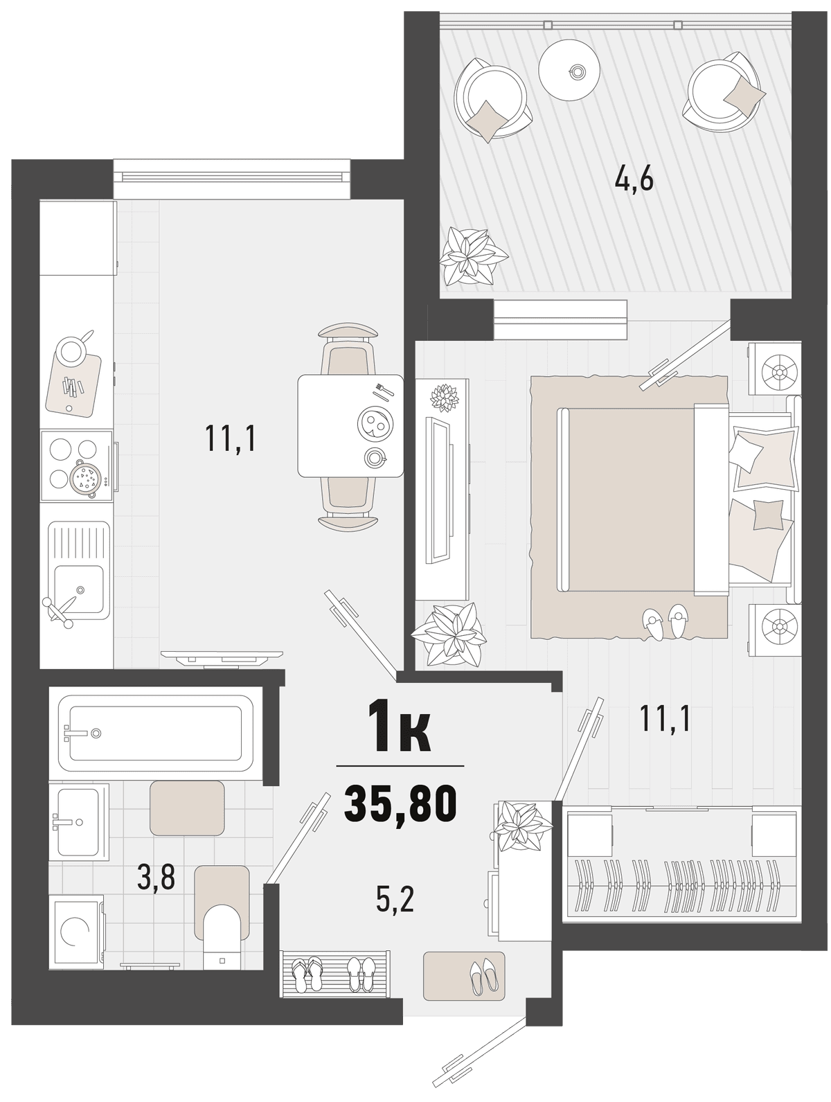 1-к, 35.8 м² · Барса